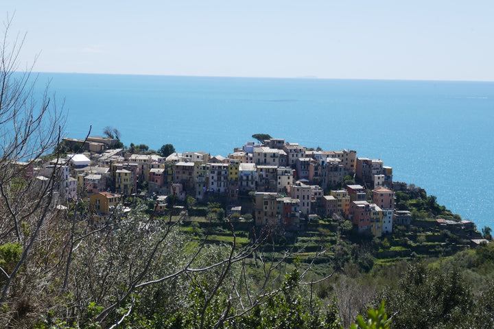 Colorful village nestled on a hillside overlooking the ocean.