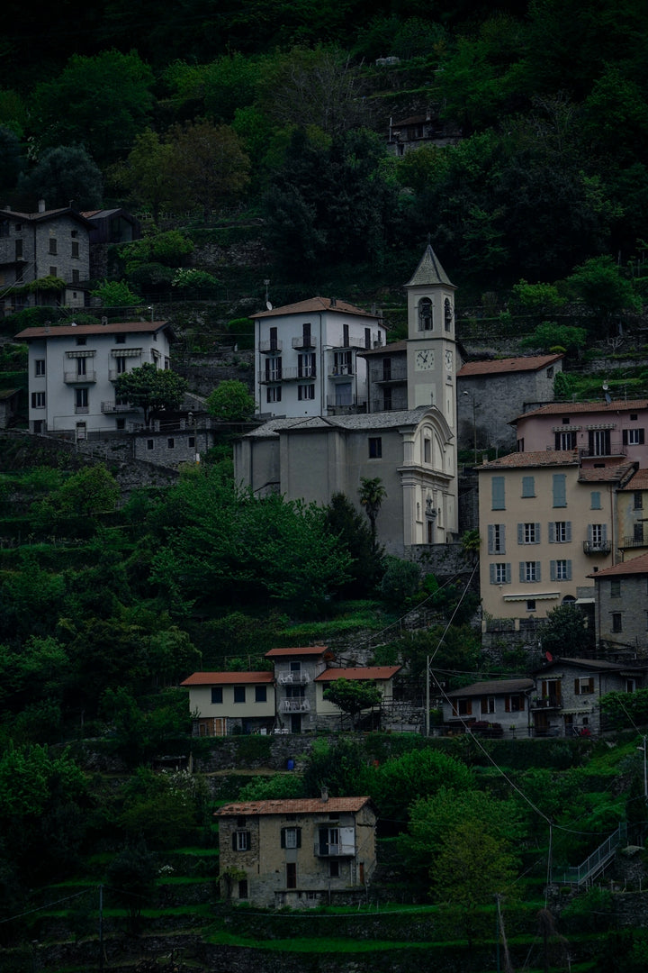 Village nestled on a steep, green mountainside with a church.